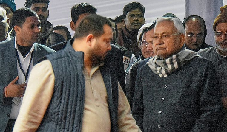 Bihar Chief Minister Nitish Kumar with Deputy Chief Minister Tejashwi Yadav during birth centenary celebrations of former state chief minister Karpoori Thakur, in Patna, on January 24, 2024